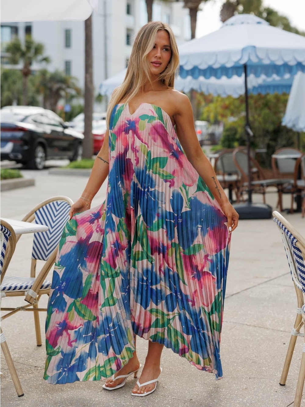 Lane 201 Riviera Daydream Dress Floral Strapless Pleated Maxi Dress Medium NWT